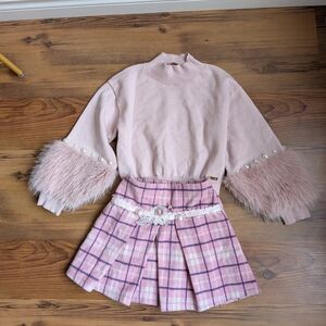 Beautiful Girl's Pink Faux Fur Cuff Sweater with Plaid Mini Skirt Set